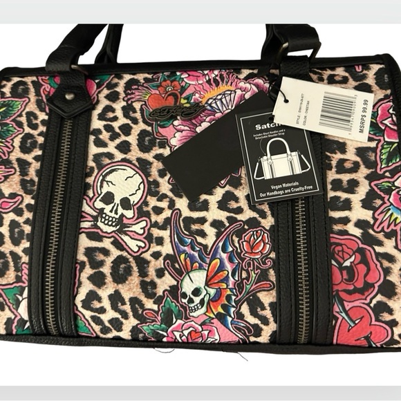 ED HARDY CHEETAH LEOPARD SATCHEL SKULLS HEARTS DIAMONDS BUTTERFLIES ROSES NWT - Picture 10 of 12